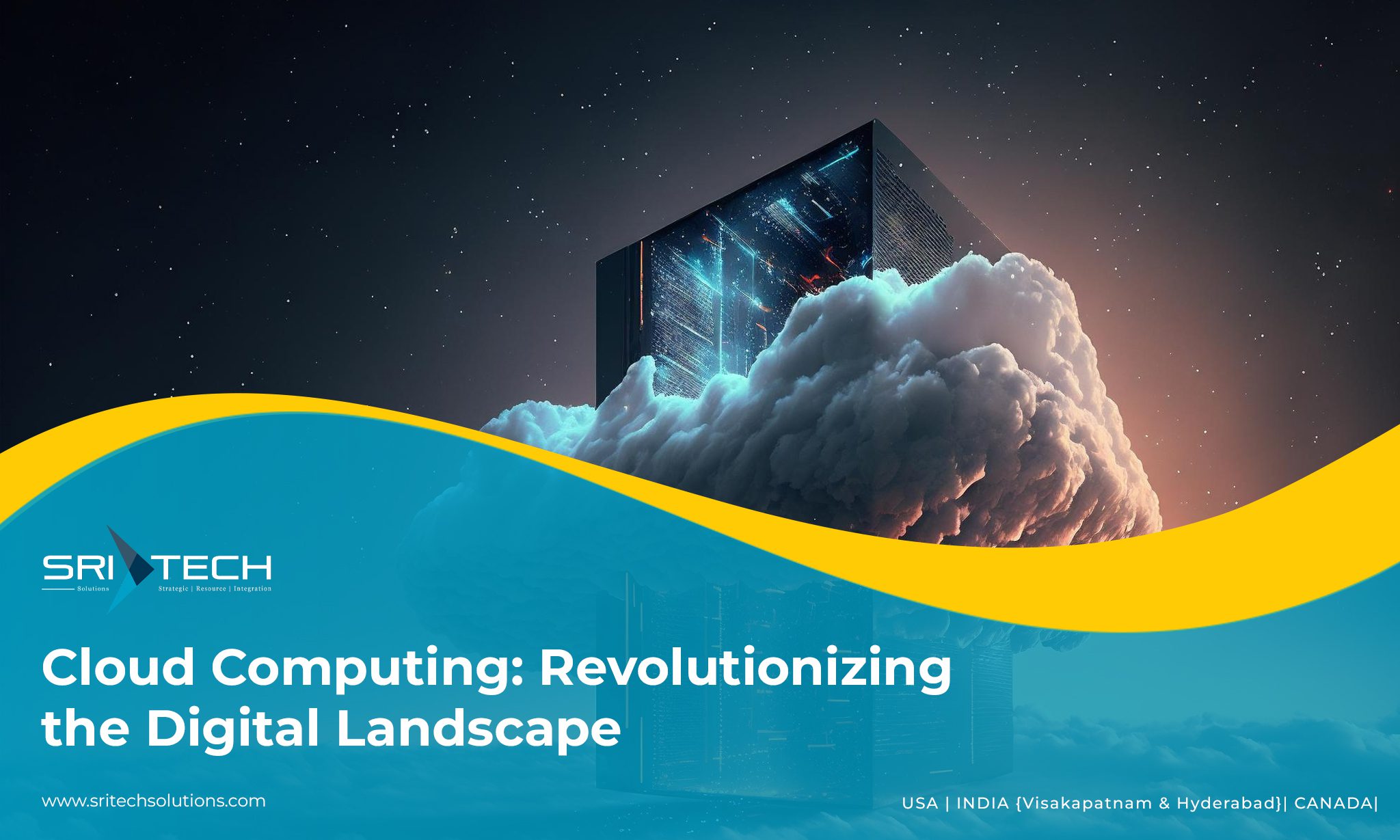 Illustration of interconnected cloud computing infrastructure with digital landscape in the background.